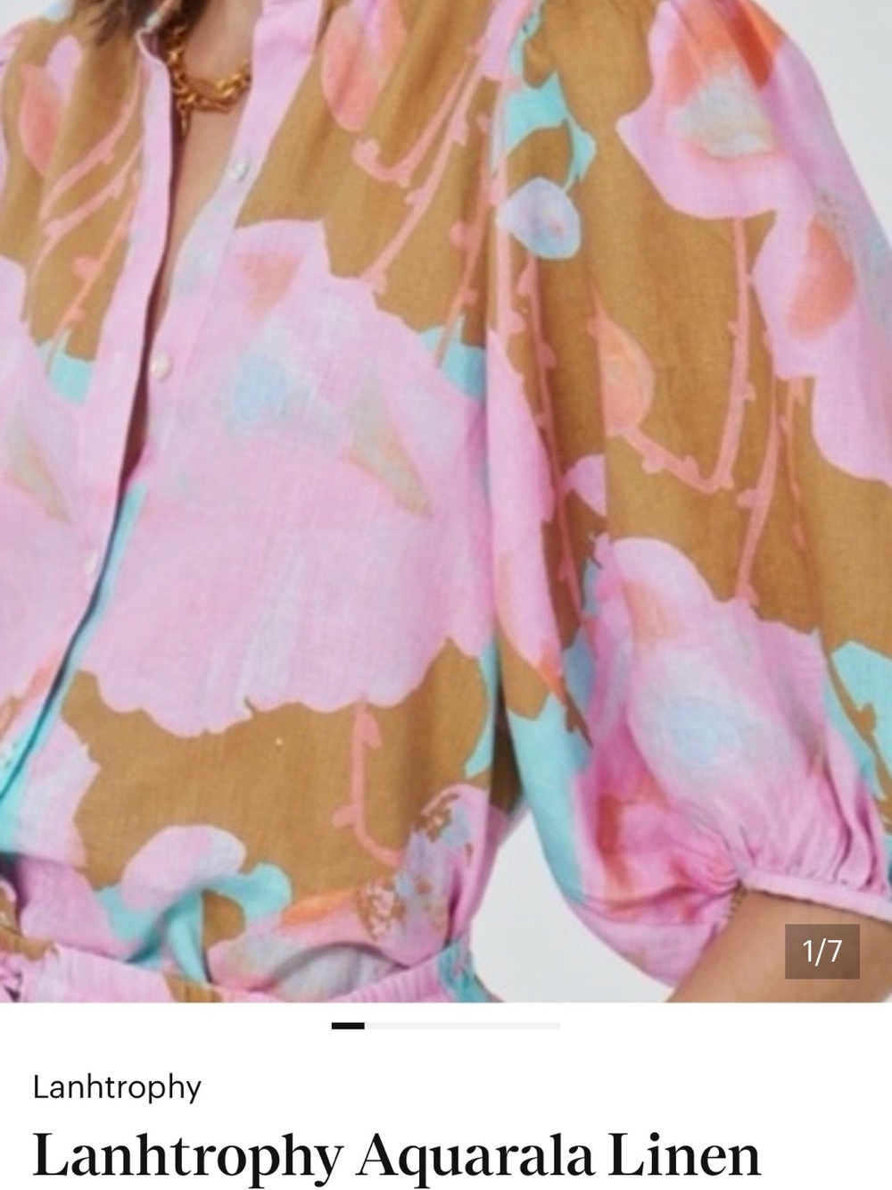 Lanh­trophy Aquarala Linen Floral Puff Sleeve Top - Pink & Brown